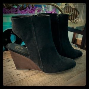 Black suede open heel bootie